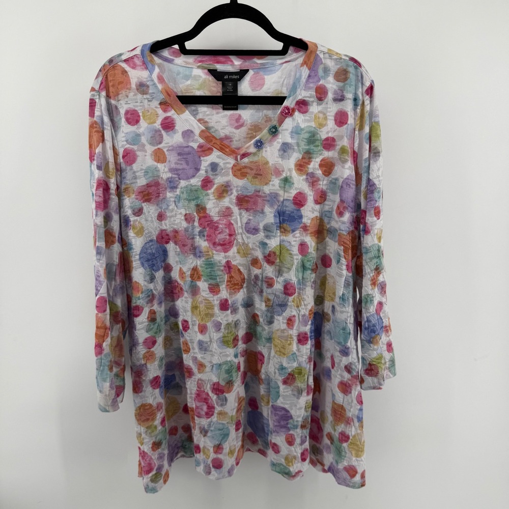 Ali Miles Womens 1X Colorful Tunic Blouse Top 3/4 Sleeves Art to Wear Polka Dot - Picture 8 of 8